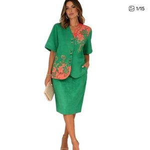 Frenchic, NWT Vintage Linen Embroidered Suit Palm Beach Floral Set, Size 8